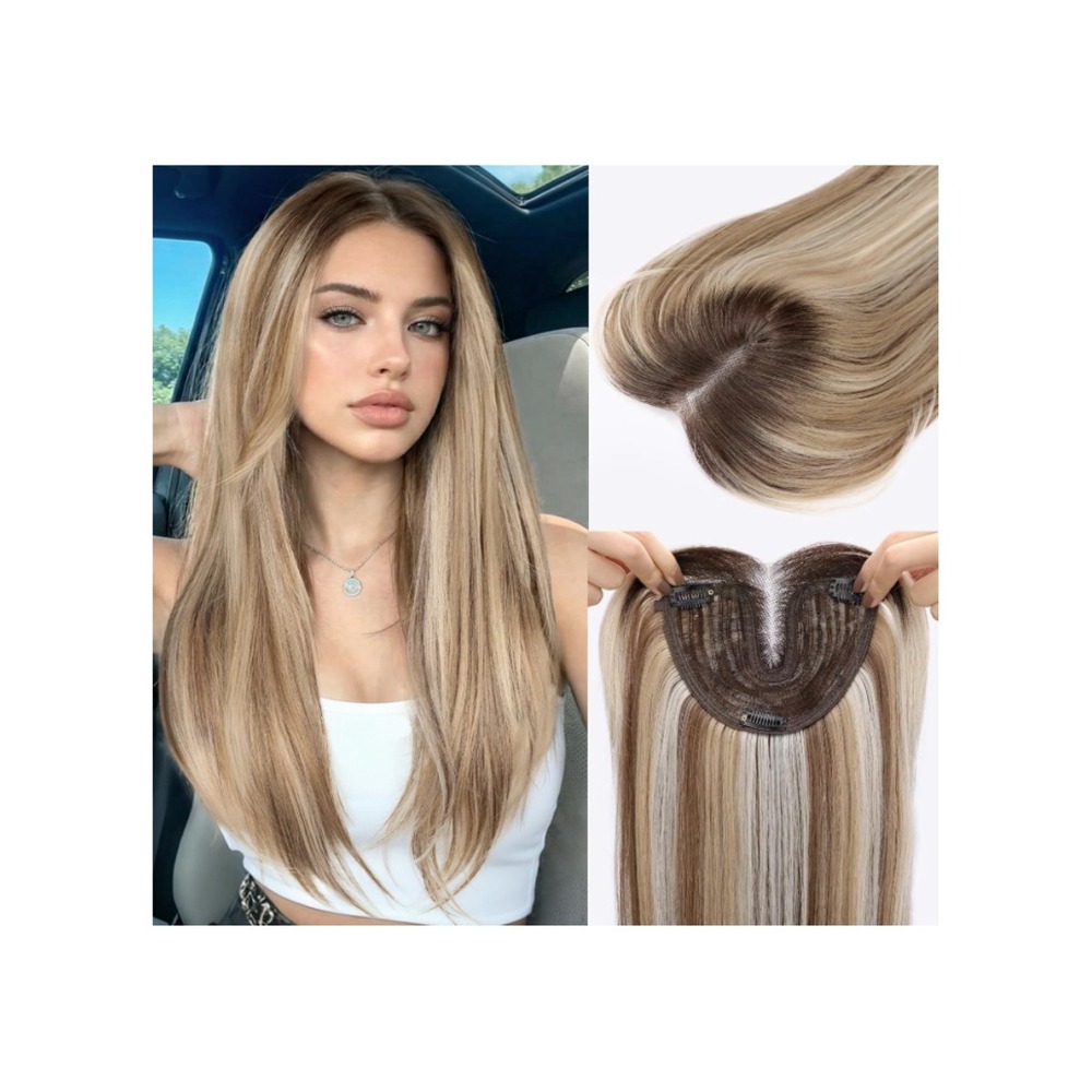 24" Synthetic Hair Topper Ombre Light Brown Blonde Highlights Clip-In Natural